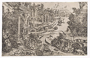 Fantastic River Landscape with Classical Ruins and an Atlantes, Monogrammist DB, Etching and engraving