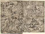 The Sacrifice of Isaac; Abraham standing with raised knife next to Isaac who kneels on a funeral pyre, Ugo da Carpi Italian, Woodcut on four joined sheets