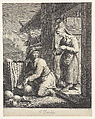 A young man on his knees cleaning pots brought to him by a woman at right, Giovanni Volpato Italian, Etching