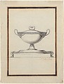 Design for a Covered Tureen on a Footed Stand, Henri Auguste (French, Paris 1759–1816 Port-au-Prince), Pen and brown ink, brush and gray-brown wash; double framing lines in pen and brown ink
