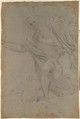 Standing Draped Male Figure, Baldassarre Franceschini (il Volterrano) (Italian, Volterra 1611–1690 Florence), Black chalk, highlighted with white, on blue-green paper, deckled edges.  Glued onto secondary paper support