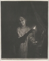 Young Woman Holding a Candle in a Bedchamber, Nicholas Verkolje Dutch, Mezzotint