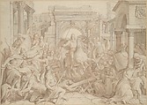 The Entrance of Charlemagne into Pavia, Julius Schnorr von Carolsfeld  German, Black chalk, graphite, brown watercolor washes, red chalk, red chalk washes.  Squared for transfer in graphite with numerical indications of vertical divisions at the lower edge