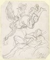 Flying Figure Holding a Crown, Reclining River God, Jacques Louis David (French, Paris 1748–1825 Brussels), Black chalk