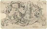 Design for a Tablet for a Chimney-Piece with Two Swans in Combat, Enclosed within a Scrolling Cartouche with a Water-Spouting Dragon's Head, Thomas Johnson British, Crayon manner and stipple engraving