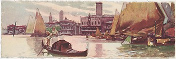 Venice, Approach to Doges Palace with Sailboats and Gondola, Color lithograph on card