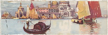 Venice, Customs House (Dogana) and Santa Maria della Salute with Gondola and Sailboats, Color lithograph on card