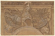 Armorial Trophy, After Polidoro da Caravaggio (Italian, Caravaggio ca. 1499–ca. 1543 Messina), Pen and brown ink, brush and brown wash, heightened with white, over graphite
