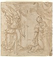 Annunciation, Marchigian artist near Filippo Bellini (Italian, Urbino 1550/55–1604 Macerata), Pen and brown ink, brush and brown wash, over leadpoint or black chalk, on paper washed light brown; squared for transfer