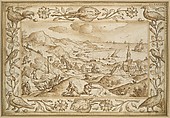 Hilly Coastal Landscape with Hunters, with an elaborate border of Fishes and Birds, Hans Bol (Netherlandish, Mechelen 1534–1593 Amsterdam), Pen and brown ink, brush and brown wash
