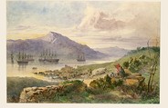 The Heights over Foilhummerum Bay, Valentia, the William Corey Heading Seawards, Laying the Shore-end of the Atlantic Telegraph Cable, July 7th, 1866, Robert Charles Dudley (British, 1826–1909), Watercolor over graphite with touches of gouache (bodycolor)