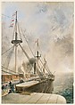 View Looking Aft from the Port Paddle-box on the Deck of the Great Eastern: Showing the Trough for the Cable, etc., Robert Charles Dudley (British, 1826–1909), Watercolor with touches of gouache (bodycolor)