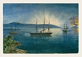 View Looking Aft from the Port Paddle-box on the Deck of the Great Eastern: Showing the Trough for the Cable, etc., Robert Charles Dudley (British, 1826–1909), Watercolor with touches of gouache (bodycolor)
