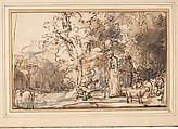 The Meeting of Jacob And Rachel at the Well, School of Rembrandt (Rembrandt van Rijn) (Dutch, Leiden 1606–1669 Amsterdam), Pen and brown ink, brush and brown wash, heightened with white gouache, with framing line in pen and brown ink