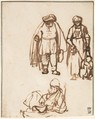 Studies of Two Men and a Woman Teaching a Child to Walk, Nicolaes Maes (Dutch, Dordrecht 1634–1693 Amsterdam), Pen and brown ink; framing lines in pen and brown ink