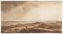 A Panoramic Landscape with a Herdsman and His Flock, Jan Ruischer (Dutch, born Franeker, ca. 1625–after 1675), Pen and brown ink, brush and brown wash, over black chalk