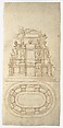 Design for a Freestanding Tomb Seen in Elevation and Plan, Antonio da Sangallo, the Younger (Italian, Florence 1484–1546 Terni), Pen and brown ink, brush and brown wash, over extensive compass-incised and stylus-ruled construction with pin-pricked measurements