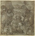 Study for the Allegory of San Gimignano and Colle Val d'Elsa, Jacopo Zucchi (Italian, Florence ca. 1540–1596 Rome), Pen and brown ink, highlighted with white gouache, traces of squaring in black chalk (on top of drawing surface), over traces of black chalk on blue paper