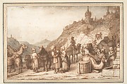 Rebecca and Eliezer at the Well, Lambert Doomer (Dutch, Amsterdam 1624–1700 Amsterdam), Pen and brown ink, brush and brown, gray and red wash; framing lines in pen and brown ink