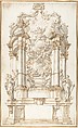 Design for a Freestanding Altar dedicated to the Assumption of the Virgin, Anonymous, Italian, 18th century  Italian, Pen and brown ink, brush and gray wash, over traces of graphite or black chalk; two centering marks in graphite or black chalk (a ruled centered vertical line and a ruled centered horizontal line); a scale in pen and brown ink that is unnumbered at the bottom of composition