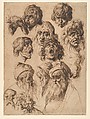Study of Eleven Heads, Jacques de Gheyn II (Netherlandish, Antwerp 1565–1629 The Hague), Pen and three shades of brown ink with black chalk on laid paper; framing lines in brown ink and graphite