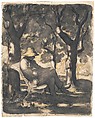 A Man Reading in a Garden (recto); Preliminary sketch for a Man Reading in a Garden (verso), Honoré Daumier (French, Marseilles 1808–1879 Valmondois), Watercolor over black chalk, with pen and ink, brush and wash, and lithographic crayon.
Verso: pen and brown ink, black gray wash, and lithographic crayon