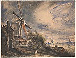 A Mill Near Colchester, John Constable (British, East Bergholt 1776–1837 Hampstead), Watercolor over traces of graphite, with scratching out and a touch of pen and brown ink on the horizon, evidence of squaring for transfer in graphite, with a color wash test verso