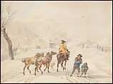 Postilion on Horse in a Winter Landscape, Wilhelm von Kobell German, Watercolor; framing lines in pen and black ink