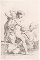 Two men sitting and another man holding a staff kneeling on a rock, from "Figurine", Salvator Rosa  Italian, Etching