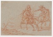 Two Fighting Horsemen, Pandolfo Lorenzo Hopfer (German, Nuremberg (?) late 17th century), Red chalk on blue paper