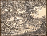 Italian Landscape with Trees, Rocks and a Resting Deer, Johann Christian Reinhart  German, Graphite and black chalk