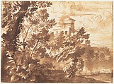 Wooded Landscape with a Tower, Anonymous, French, 17th century, Pen and brown ink, brush and brown wash, over graphite; framing lines in graphite