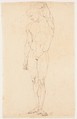 Nude Man Standing with One Arm Raised, Anonymous, Italian, early 19th century Italian, Pen and brown ink, over black chalk