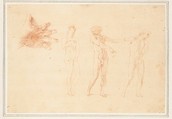 Three Nude Male Figures; Study of the Right Hand of the Figure on the Left, Pompeo Batoni (Italian, Lucca 1708–1787 Rome), Red chalk