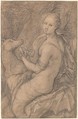 The Sense of Hearing; verso: light sketch of a woman's head and an arm, Hendrick Goltzius (Netherlandish, Mühlbracht 1558–1617 Haarlem), Black chalk, heightened with white chalk, stumped; traces of brown and yellow chalks