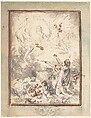 Allegory of the Marriage of the Dauphin and Marie-Antoinette in 1770, Gabriel de Saint-Aubin  French, Brush and gray wash, accents in pen and brown ink, over black chalk; framing lines in pen and brown ink; margins tinted with brush and blue-green wash