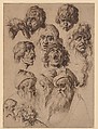 Study of Eleven Heads, Jacques de Gheyn II (Netherlandish, Antwerp 1565–1629 The Hague), Pen and three shades of brown ink with black chalk on laid paper; framing lines in brown ink and graphite