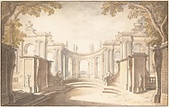 Study for a Stage Set, Jacques de Lajoüe (French, Paris 1686–1761 Paris), Pen and gray ink, brush and gray and colored  wash over traces of black chalk and graphite