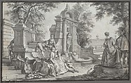Gallant Company in a Park, Johann Wolfgang Baumgartner (German, Kufstein 1712–1761 Augsburg), Pen and black ink, brush and gray wash, heightened with white gouache, over black chalk. Framing line of pen and black ink and brush and black wash. Incised for transfer