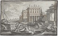 Canal Scene with a Palazzo, Johann Wolfgang Baumgartner (German, Kufstein 1712–1761 Augsburg), Pen and black and brown ink, brush and gray ink, heighetend with white gouache, on blue paper, incised for transfer; framing line in brush and black ink, by the artist; verso prepared for transfer with red chalk