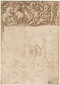 Studies after the Antique: The Fall of Phaëthon, Horses, Reclining Women with Children (recto); Studies after the Antique: An Altar or Urn, Lion Attacking a Horse (verso), Amico Aspertini (Italian, Bologna ca. 1474–1552 Bologna), Black chalk, pen and brown ink (recto); pen and brown ink over traces of black chalk (verso)