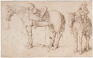 Two studies of a saddled horse and of a horse with a boy astride; verso: Study of a bean plant, Jacques de Gheyn II (Netherlandish, Antwerp 1565–1629 The Hague), Pen and brown ink; verso: pen and brown ink, green and brown watercolour, gray wash