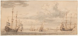 Dutch Ships in a Bay, Willem van de Velde II (Dutch, Leiden 1633–1707 London), Pen and brown ink, brush and gray wash, over black chalk
