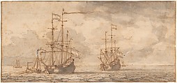 Dutch Ships at Anchor, Willem van de Velde II (Dutch, Leiden 1633–1707 London), Pen and brown ink, brush and gray wash, over black chalk