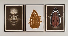 Man Spirit Mask, Willie Cole (American, born Newark, New Jersey, 1955), Left panel: Photo-etching, embossing, and hand coloring
Middle panel: Screenprint 
Right panel: Photo-etching and woodcut