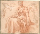 Study of a Seated Woman and Five Studies of Hands; Verso: Landscape with a Road and a Tree to the Right, Abraham Bloemaert (Netherlandish, Gorinchem 1566–1651 Utrecht), Red chalk heightened with white, framing line in pen and brown ink; verso: black chalk