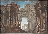 Architectural Capriccio with a Monumental Arch, Jean Nicolas Servandoni Italian, Gouache with touches of gum arabic