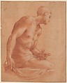 Seated Boy, Girolamo Macchietti (Italian, Florence (?) ca. 1535–1592 Florence), Red chalk, highlighted with white chalk, on off-white paper washed with pale ochre; framing outlines in pen and brown ink