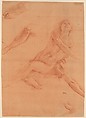 Studies for an Angel in Glory, Antonio d&#39;Enrico Tanzio (Tanzio da Varallo) (Italian, Riale d&#39;Alagna 1575/80–1632/33 Novara), Red chalk on off-white laid paper washed pale ochre; main study squared for transfer