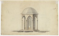 Cross-section of a chapel (?) (recto); Pavillion in Neogothic style (verso), Anonymous, Swedish, 19th century, Pen and black ink, brush and gray wash, watercolor, over graphite